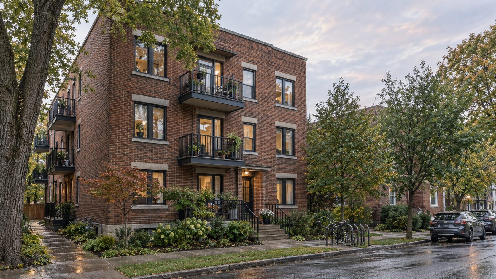 A well-kept brick rental building on a quiet residential street